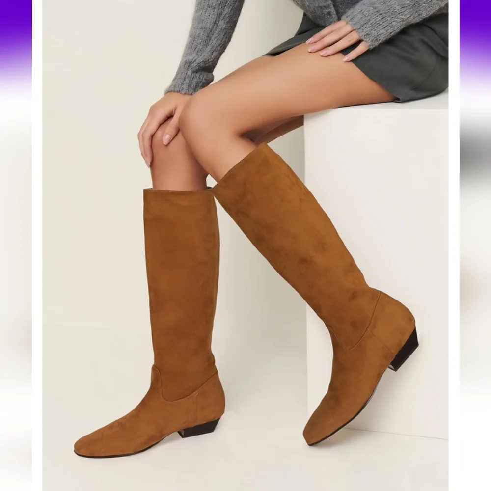 Women's Brown Knee-High Low Heel Suede Boots Fashion Casual 10.5